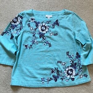 Charter Club Turquoise Floral Embroidered Blouse